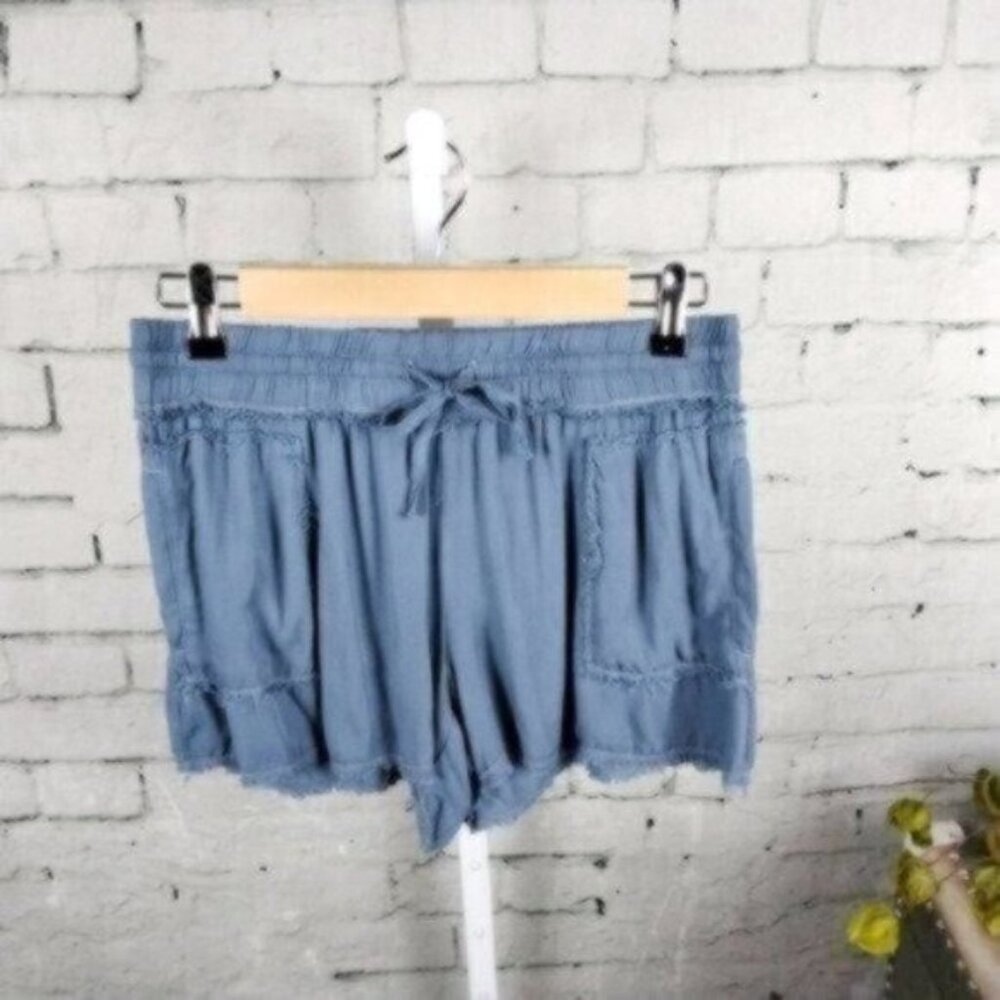 Hello Nite Parachute Raw Edge Drawstring Shorts Pockets In Indigo Coast Small